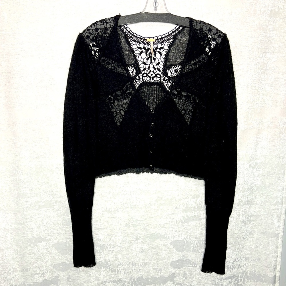 Free people black crochet sweater long sleeves top, size L , wool